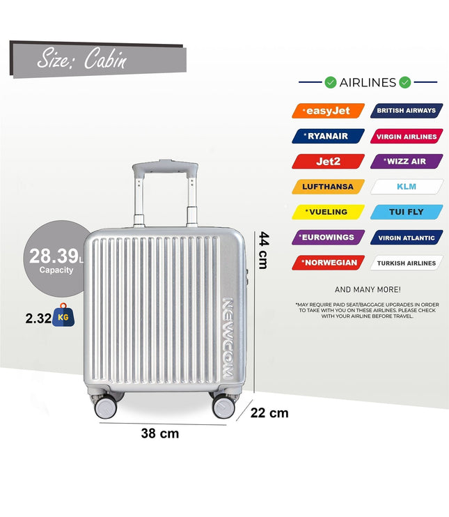 Hard Shell Cabin 44 x 22 x 38 cm Silver TSA Secure Luggage Suitcase Suitable for Easyjet, Ryanair