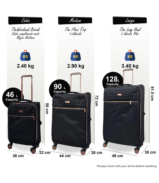 Bexley Set of 3 Soft Shell Suitcase in Black