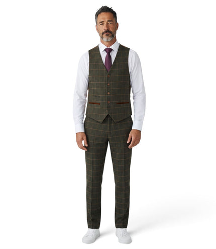 Men's Green Tweed Herringbone Check Waistcoat - Harris