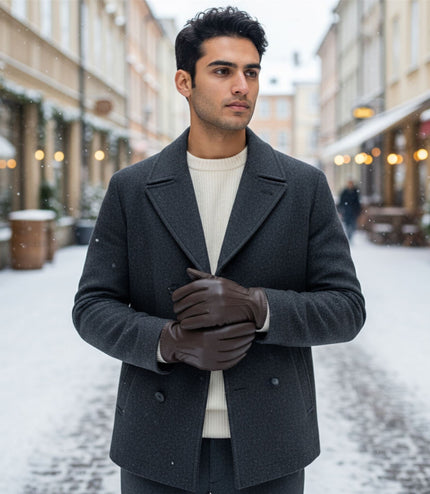 Men's Brown Italian Leather Warm Wool Lining Winter Stich Design Gloves - M-LGV-205