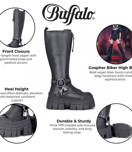 Buffalo Womens Biker Knee High Black Chunky Goth Platform Boots - Gospher Hi
