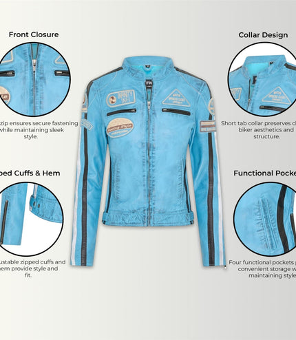 Womens Biker Racing Badges Blue Leather Jacket-Eastleigh