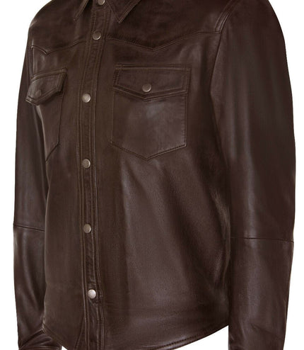Mens Retro Leather Shirt Jeans Jacket-Beijing - Brown