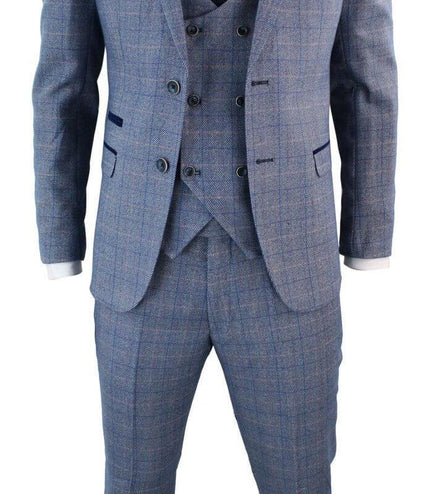 Mens 3 Piece Blue Grey Herringbone Check Suit