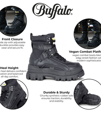 Buffalo Womens Black Chunky Platform High Ankle Combat Boots - ASPHA-COM1
