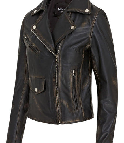 Women's Classic Brando Biker Leather Jacket - Broome - Vintage Black