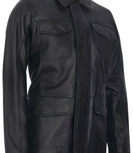 Mens Black Leather Safari Jacket-Porto