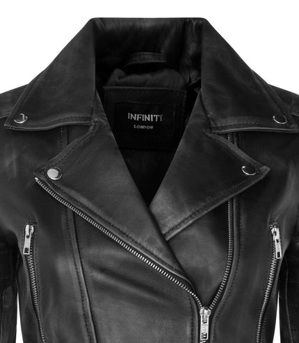 Womens Cropped Brando Leather Biker Jacket-Damascus - Black