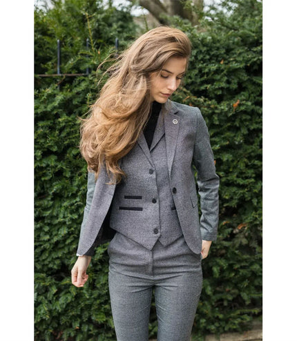 Women's Grey Three-Piece Tailored Fit Suit in Prince of Wales Check