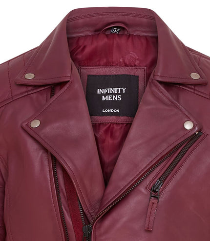 Mens Slim Fit Brando Style Double Cross Zip 100% Leather Biker Jacket - Burgundy