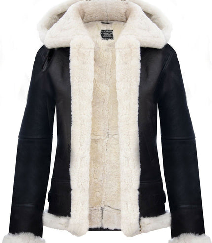 Womens Hooded Sheepskin Flying Leather Jacket-Palermo - Brown Cream
