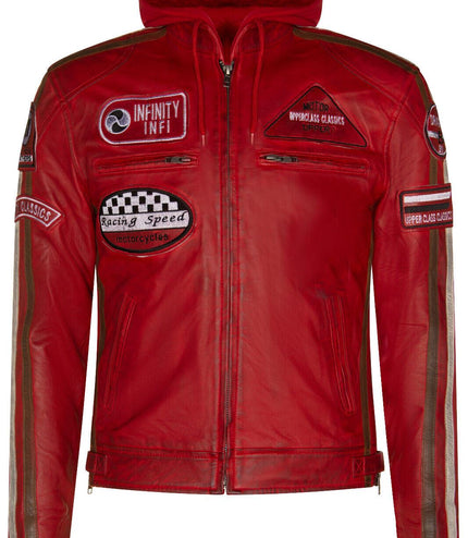 Mens Racing Hooded Leather Biker Jacket-Detroit - Red