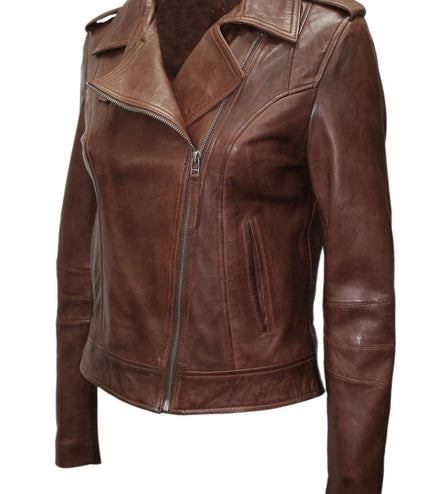 Womens Chestnut Leather Biker Jacket-Reynosa