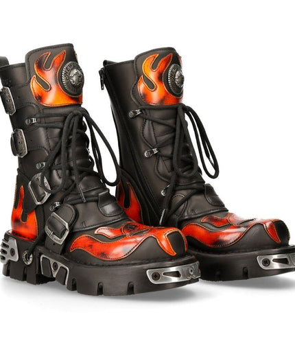 New Rock Flame Accented Black/Red Leather Biker Skull Boots - 107-S1