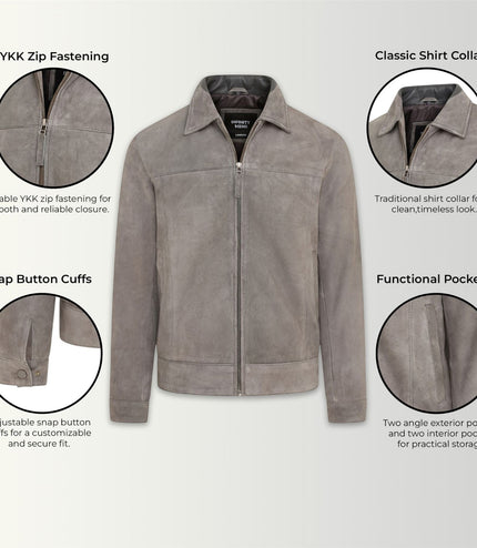 Mens Grey Goat Suede Leather Harrington Biker Jacket - Berlin