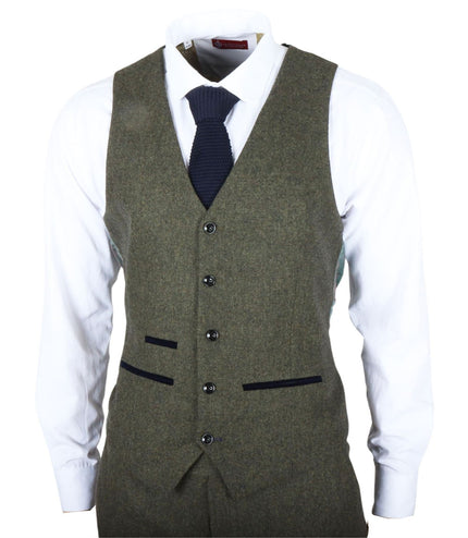 Men's Olive Green Wool Blend Tweed Formal Waistcoats