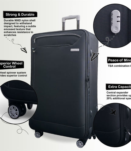 Handa Set of 3 Soft Shell Suitcase in Black