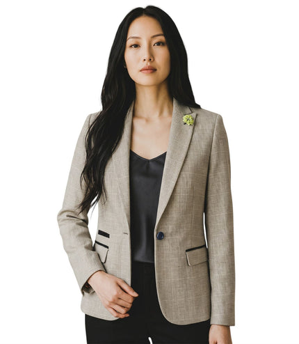 Women's Cream Check Wool Blend Herringbone Tweed Tailored Blazer - Caridi