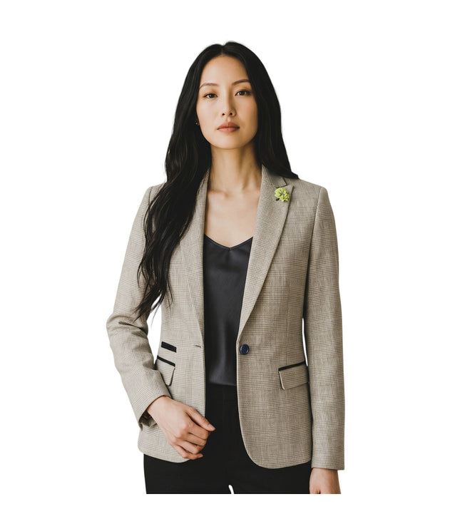 Women's Cream Check Wool Blend Herringbone Tweed Tailored Blazer - Caridi
