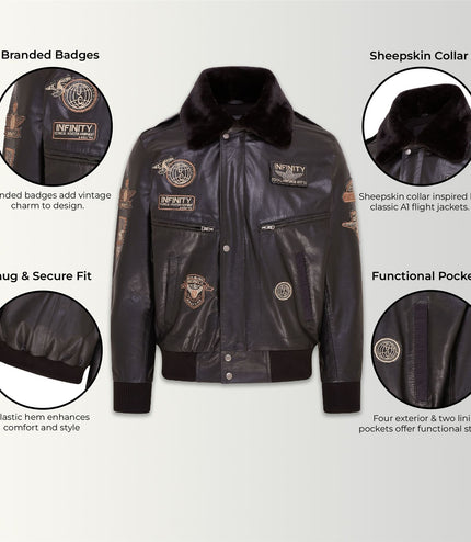 Mens Leather Bomber Jacket Air Force Badge Pilot Flying US Aviator Jacket - Black