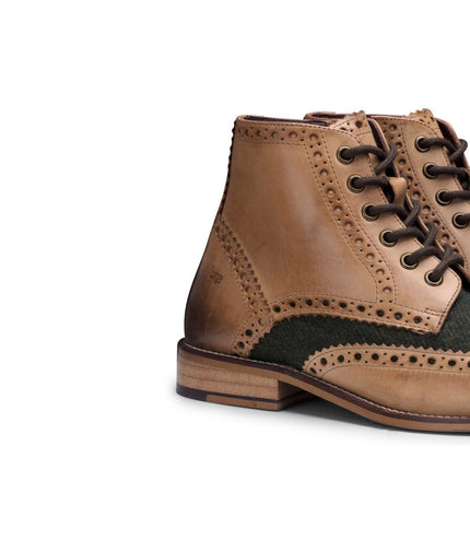 Mens Classic Oxford Tan Leather Gatsby Brogue Ankle Boots With Green Tweed