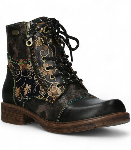 Laura Vita Anita 006 Black Floral Womens Gothic Victorian Leather Ankle Boots
