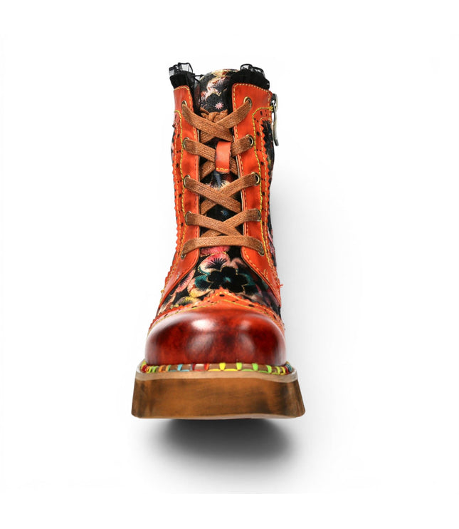 Laura Vita Women's Gothic Floral Orange Leather Combat Boots - Oyao-11