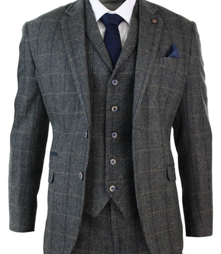 Mens 3 Piece Charcoal Grey Check Tweed Herringbone Vintage Classic Suit