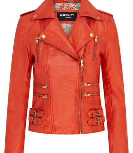 Womens Leather Brando Biker Jacket-Orlando - Orange