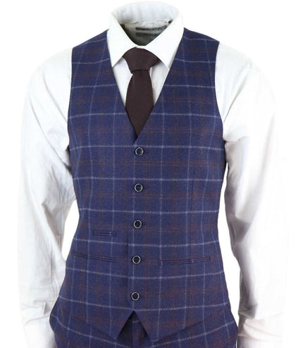 Mens 3 Piece Navy Blue Wool Check Retro Suit