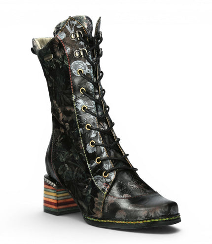 Laura Vita Women's Goth Victorian Floral Black Leather High Lace-Up Boots - Ibcano-15