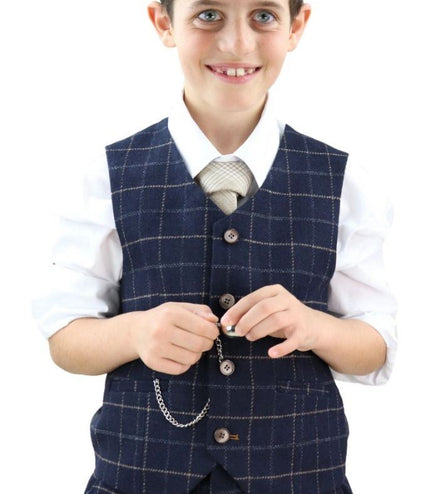 Boys 3 Piece Navy Blue Tweed Check Classic  Suit