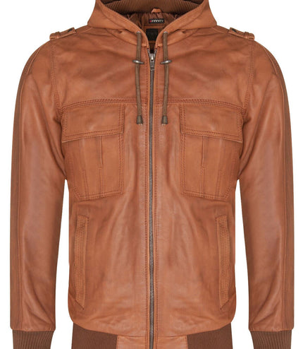 Mens Tan Leather Hooded Bomber Jacket - Tirana
