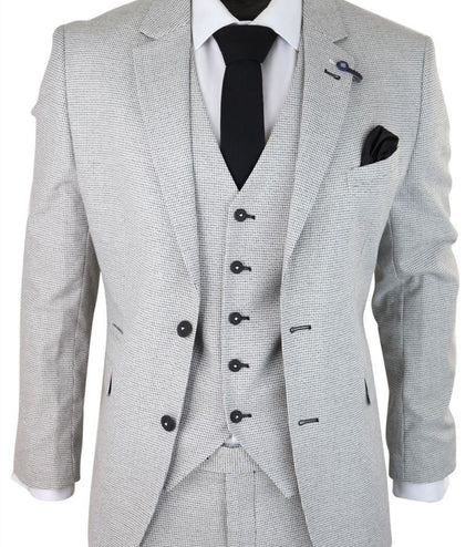 Mens 3 Piece Light Grey Check Tweed Retro Classic Suit