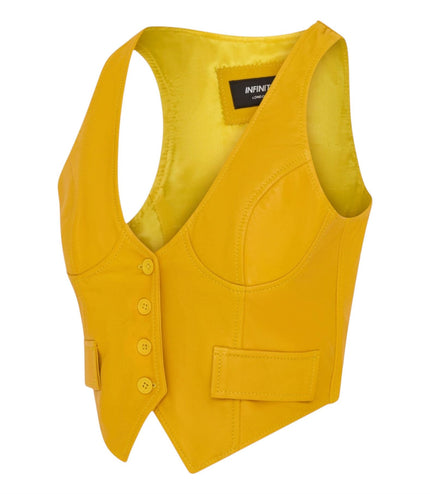 Womens Yellow Leather Waistcoat Biker Vest - MAM-WC