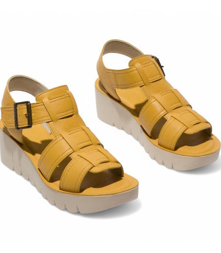 Fly London Women's Yudd236Fly Bumblebee Yellow Mousse Leather Wedge Sandals
