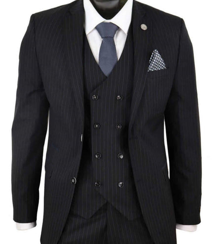 Men's 3 Piece Black Pinstripe Retro Suit