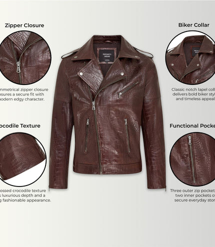 Mens Brown Cow Leather Alligator Print Embossed Biker Jacket - Rot