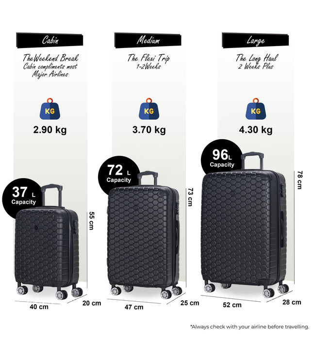 Noda Set of 3 Hard Shell Suitcase in Black