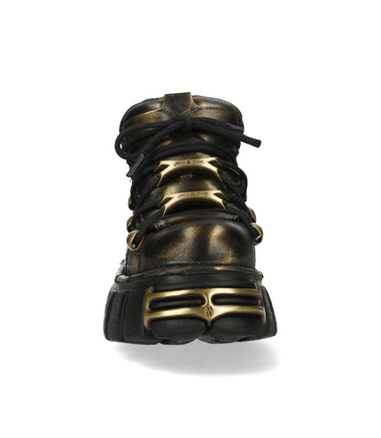 New Rock Golden Black Leather Gothic Platform Ankle Boots - M-120N-C21