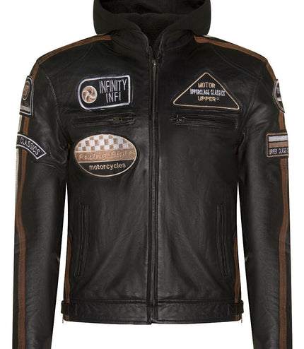 Mens Racing Hooded Leather Biker Jacket-Detroit - Black
