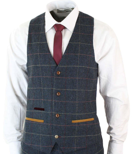 Mens 3 Piece Navy Blue Herringbone Check Vintage Suit