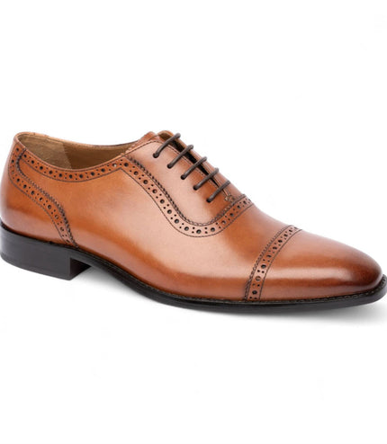 Chapman & Moore Men's Tan Brown Leather Semi-Brogue Cap-Toe Oxford Shoes
