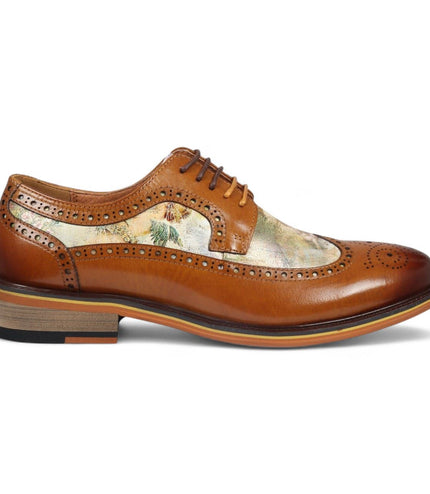 Justin Reess Men's Brown Leather Iconic Print Brogue Dress Shoes - Scott