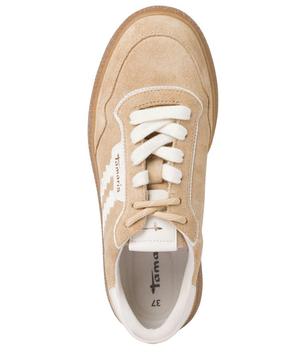 Tamaris Womens Beige White Leather Fashion Stripe Lace Up Sneakers