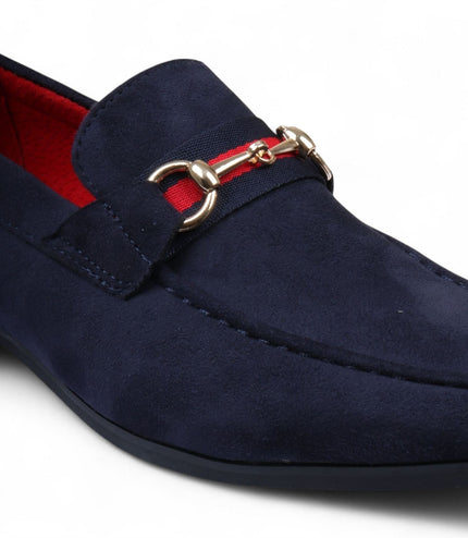Men's Navy Suede Loafers with Gold Buckle Slip-On Dress Shoes