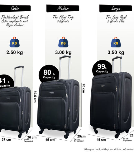 Nagoya Set of 3 Soft Shell Suitcase in Black