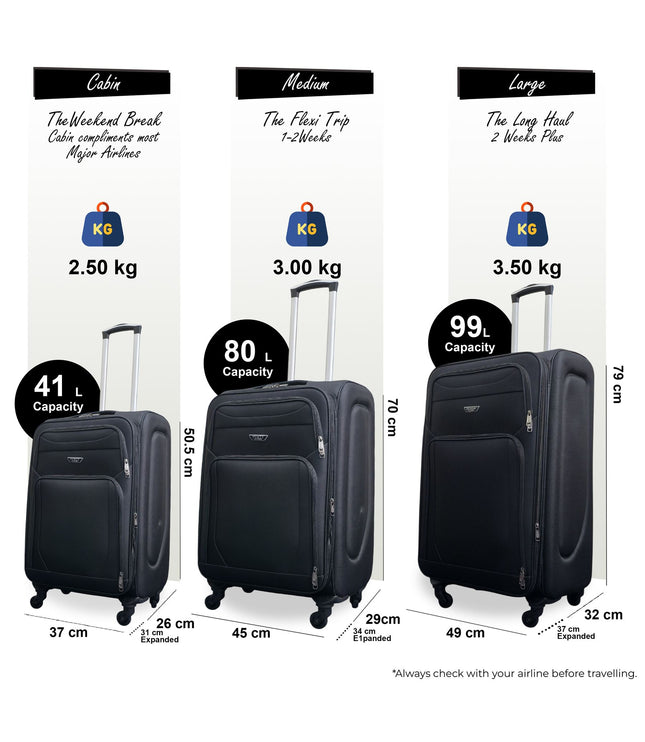 Nagoya Set of 3 Soft Shell Suitcase in Black