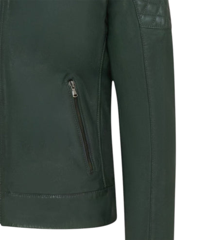 Mens Green Leather Quilted Shoulder Biker Jacket - Rock