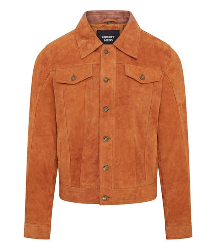 Mens Trucker Goat Suede Western Leather Jeans Jacket - Yangon - Tan